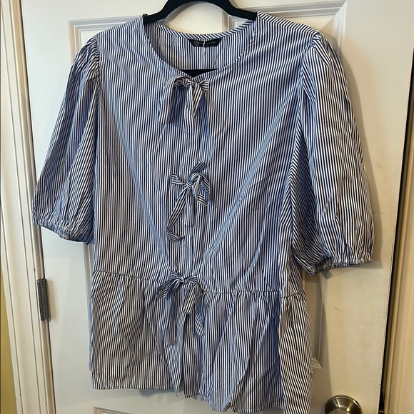 PrettyGarden Tops - Gray Blue Puff Sleeve Blouse with Tie Front and Peter Pan Collar